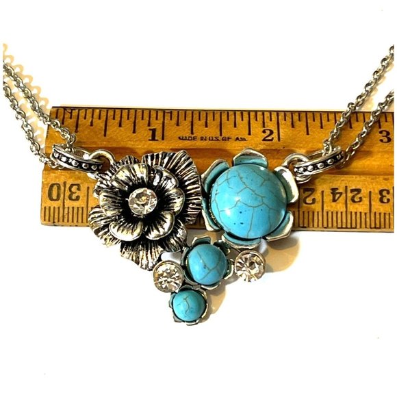 Silver Tone Western Rose Faux Turquoise Adjustable Statement Necklace Jewelry - Picture 6 of 11